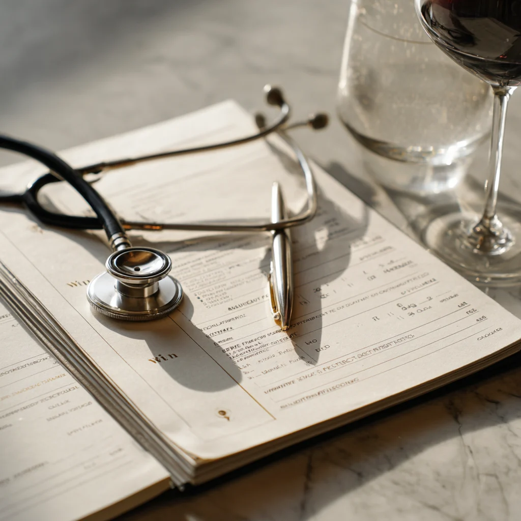 A wine list open on a marble table next to a stethoscope and a glass of red wine