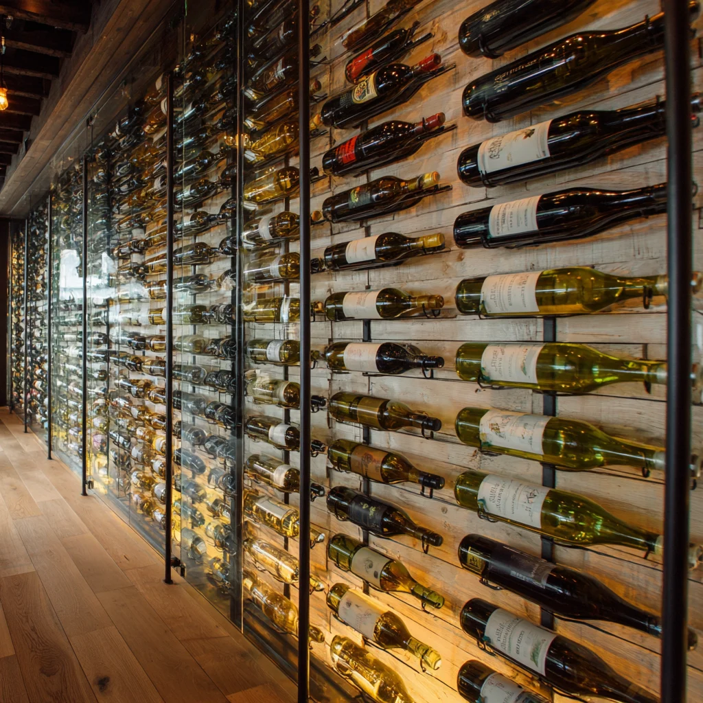 A long wall of wine bottles racked behind glass in a restaurant